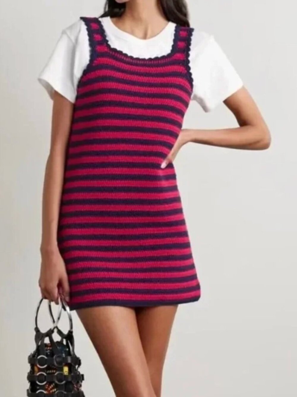 Re/Done Red & Navy Blue Striped Crochet Tank Dress, Size M